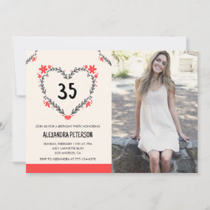 convites de aniversário de 35 anos com coração flo