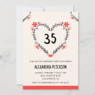convites de aniversário de 35 anos floral coração