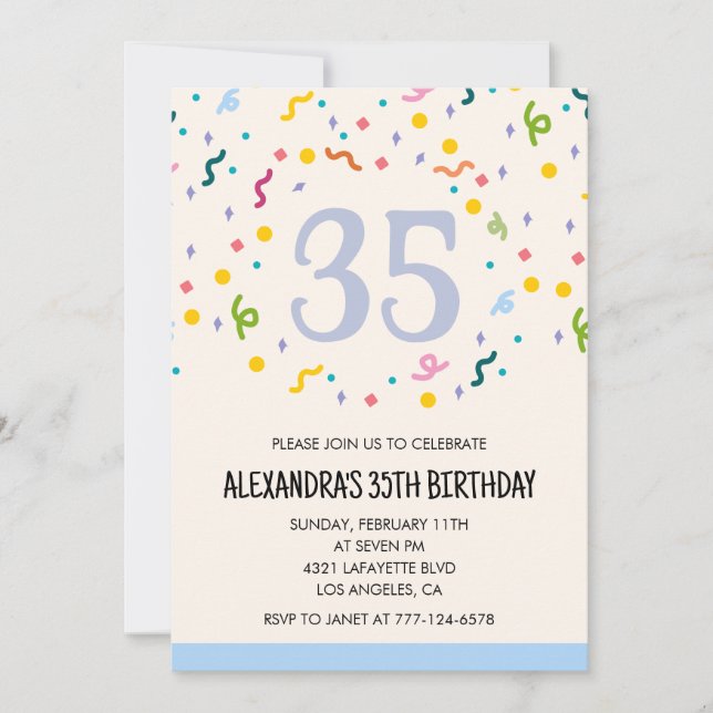 Convites de aniversário de 35 anos modernos Confet (Frente)