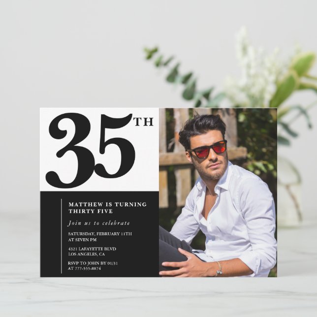 Convites de Aniversário de 35 Anos Preto e Branco  (Em pé/Frente)