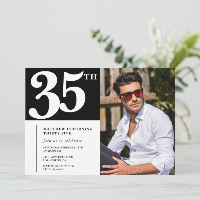 Convites de aniversário de 35 anos Preto e Branco (Em pé/Frente)