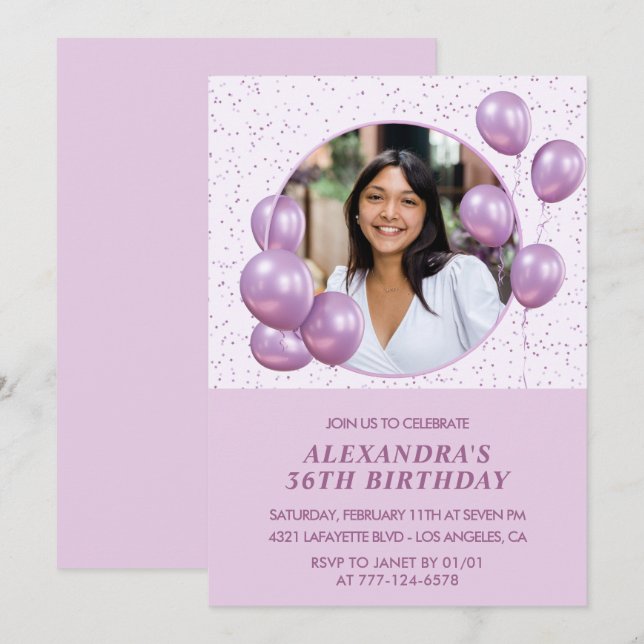 Convites de aniversário de 36 anos Balões Roxo (Frente/Verso)