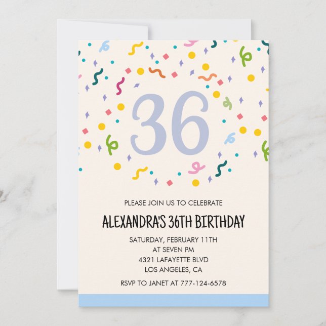 Convites de aniversário de 36 anos simples Confete (Frente)