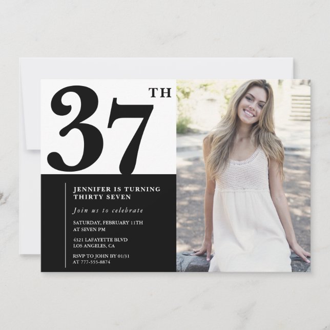 Convites de Aniversário de 37 Anos Preto e Branco  (Frente)
