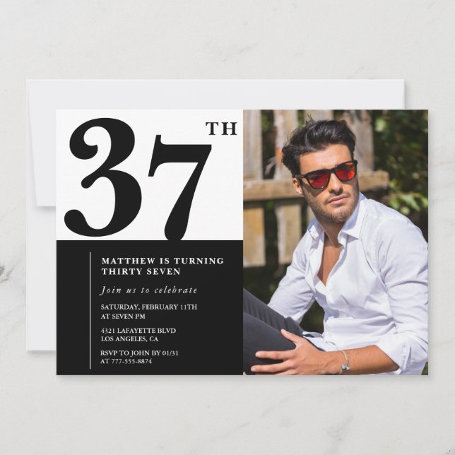 Convites de Aniversário de 37 Anos Preto e Branco  (Frente)