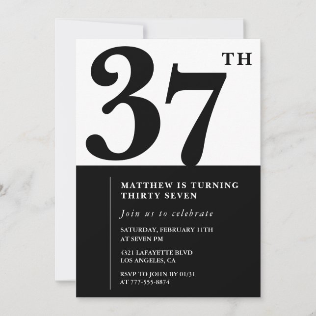 convites de aniversário de 37 anos Preto e Branco  (Frente)