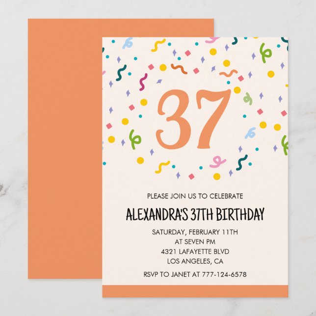 Convites de aniversário de 37 anos Simple Confetti (Frente/Verso)