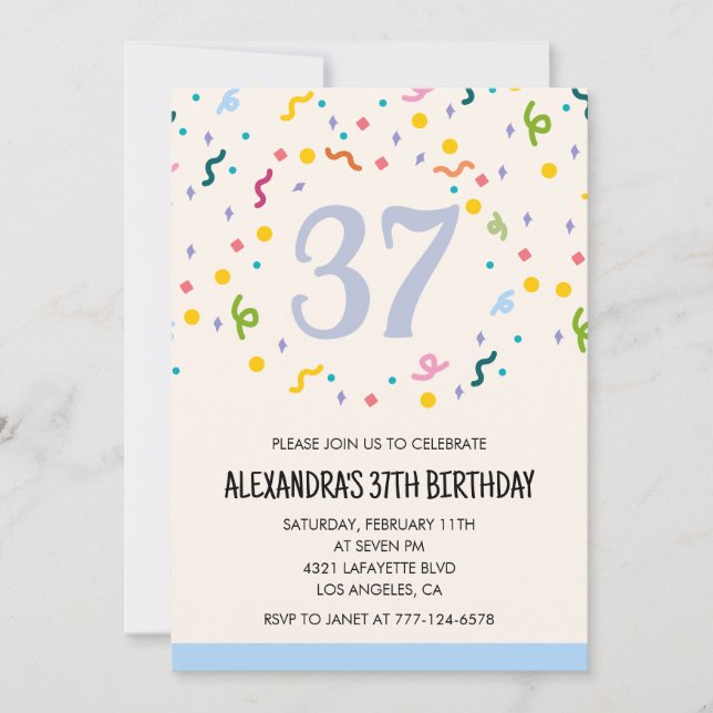 Convites de aniversário de 37 anos simples Confett (Frente)