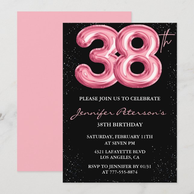 Convites de aniversário de 38 anos Black Pink Balã (Frente/Verso)