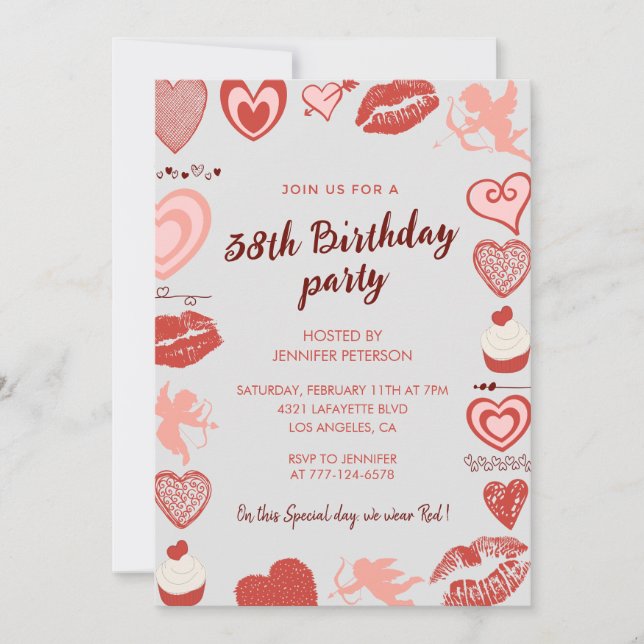 Convites de aniversário de 38 anos Elegantes Coraç (Frente)
