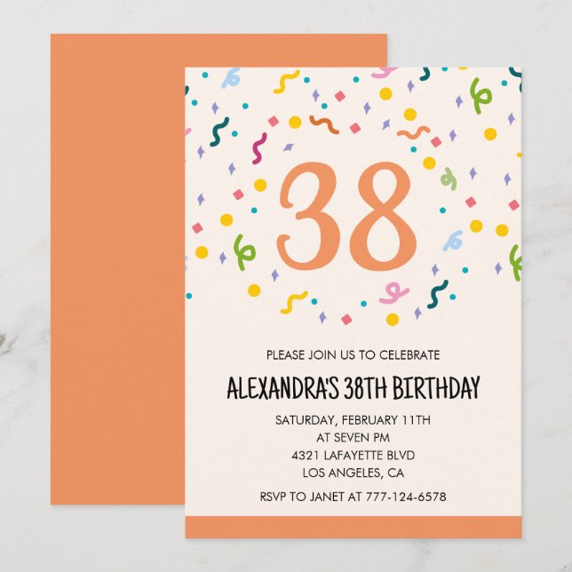 Convites de aniversário de 38 anos Simple Confetti (Frente/Verso)