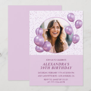 Convites de aniversário de 39 anos Balões Roxo