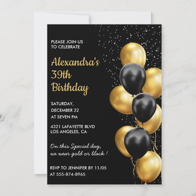 Convites de aniversário de 39 anos Black Gold Glit (Frente)