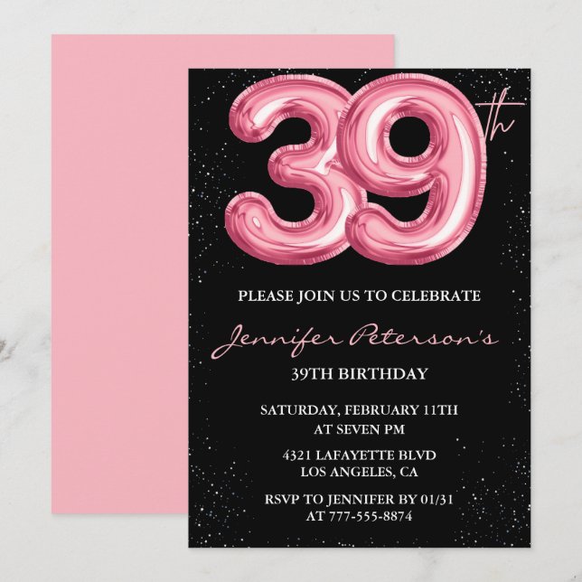 Convites de aniversário de 39 anos Black Pink Balã (Frente/Verso)