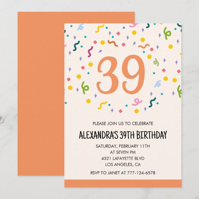 Convites de aniversário de 39 anos Confete Simples (Frente/Verso)