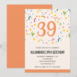 Convites de aniversário de 39 anos Confete Simples