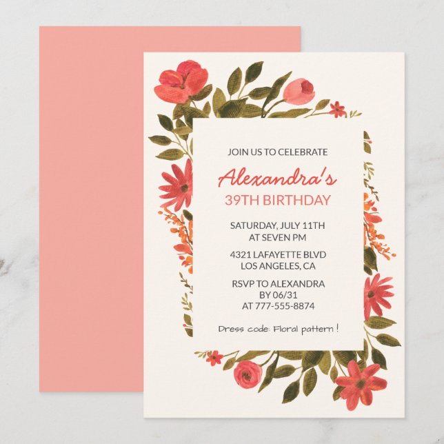 Convites de aniversário de 39 anos Floral Boho Ele (Frente/Verso)