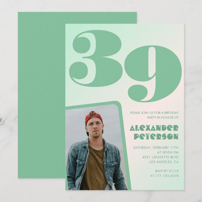Convites de aniversário de 39 anos gradiente verde (Frente/Verso)