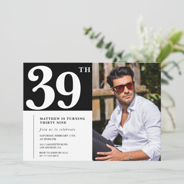 Convites de aniversário de 39 anos Preto e Branco  (Em pé/Frente)