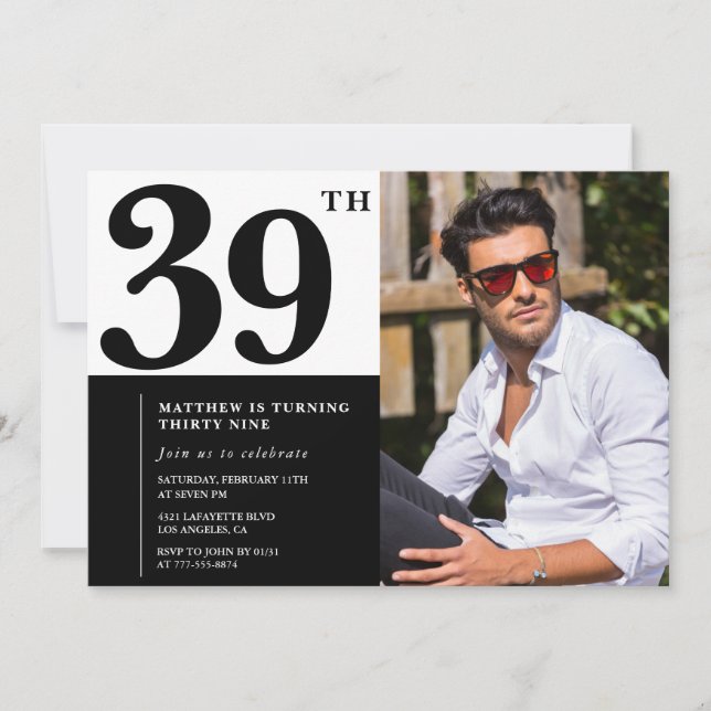 Convites de Aniversário de 39 Anos Preto e Branco  (Frente)