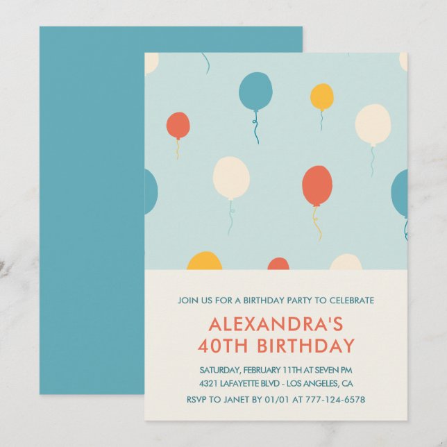 convites de aniversário de 40 anos Balões Simples (Frente/Verso)