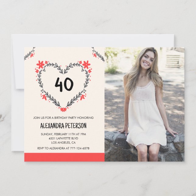 convites de aniversário de 40 anos com coração flo (Frente)