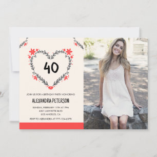 convites de aniversário de 40 anos com coração flo