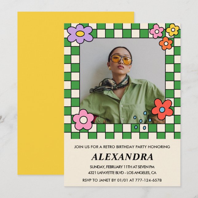 convites de aniversário de 40 anos Flores Retro Gr (Frente/Verso)