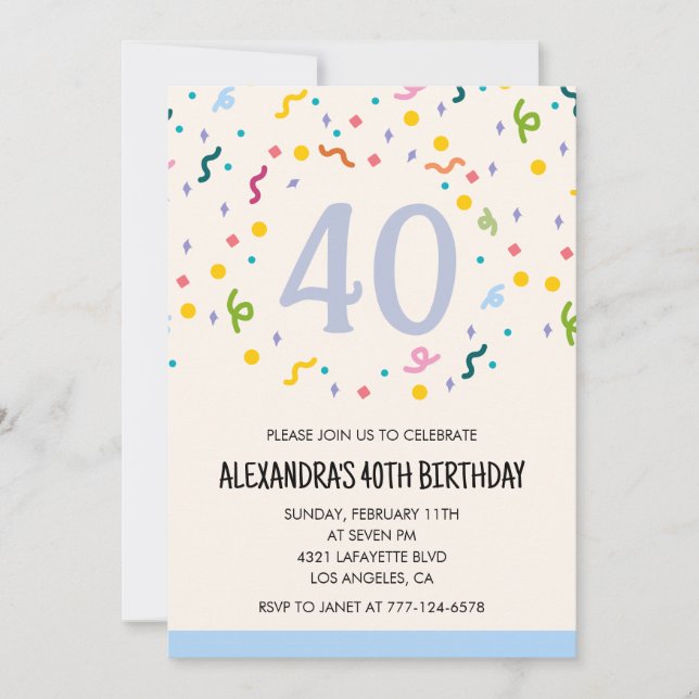 Convites de aniversário de 40 anos modernos Confet (Frente)