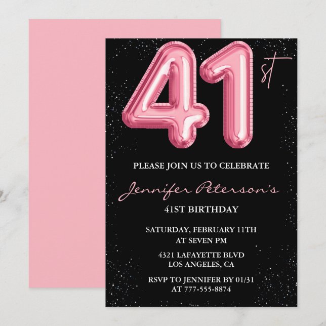 Convites de aniversário de 41 anos Black Pink Balã (Frente/Verso)