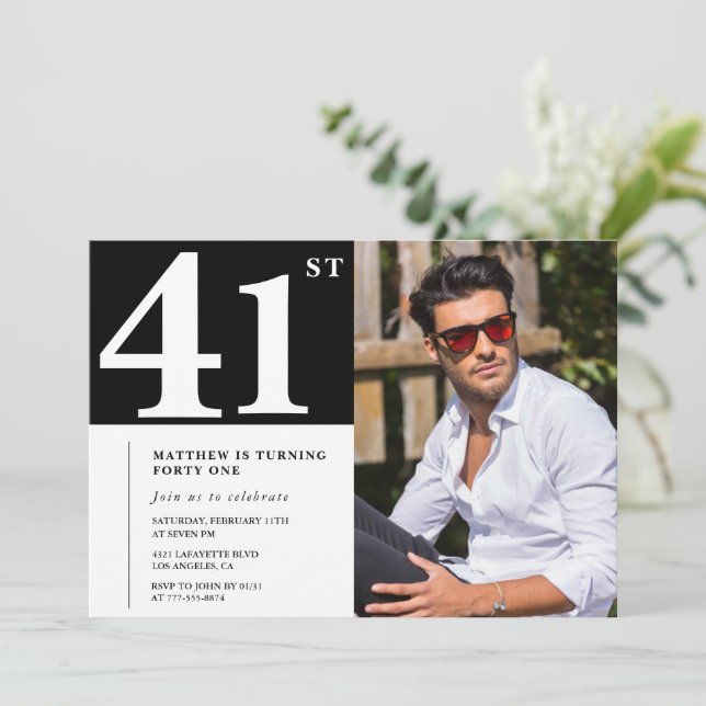 Convites de aniversário de 41 anos Preto e Branco  (Em pé/Frente)
