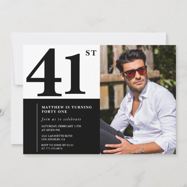 Convites de Aniversário de 41 anos Preto e Branco  (Frente)