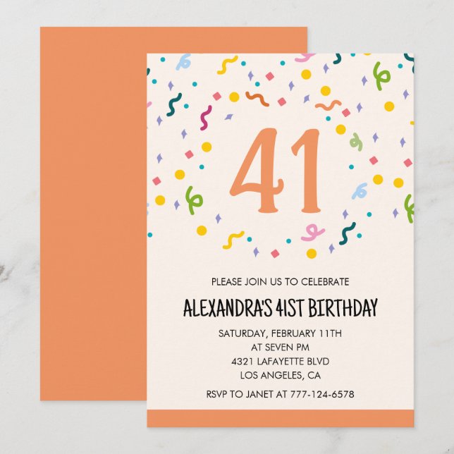 Convites de aniversário de 41 anos Simple Confetti (Frente/Verso)