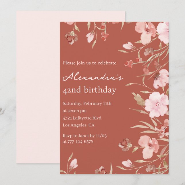 Convites de aniversário de 42 anos Elegantes Flora (Frente/Verso)