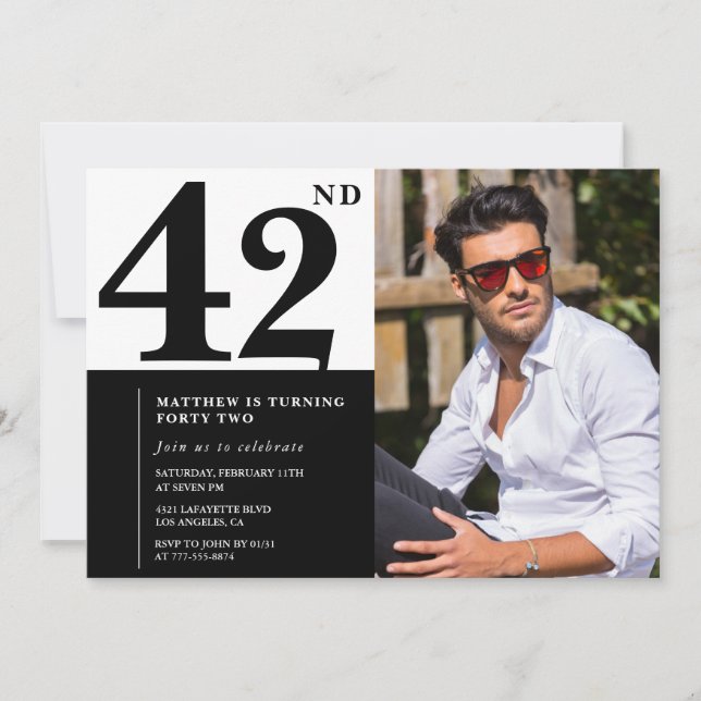 Convites de Aniversário de 42 Anos Preto e Branco  (Frente)