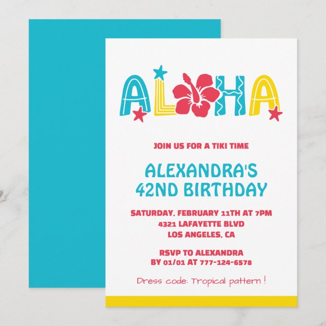convites de aniversário de 42 anos Tropical Aloha  (Frente/Verso)