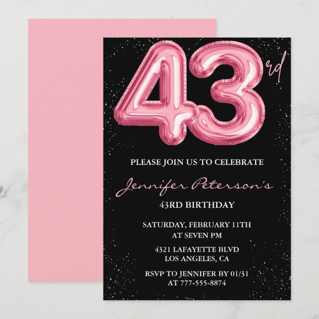 Convites de aniversário de 43 anos Black Pink Balã (Frente/Verso)