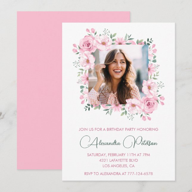 Convites de aniversário de 43 anos com foto floral (Frente/Verso)