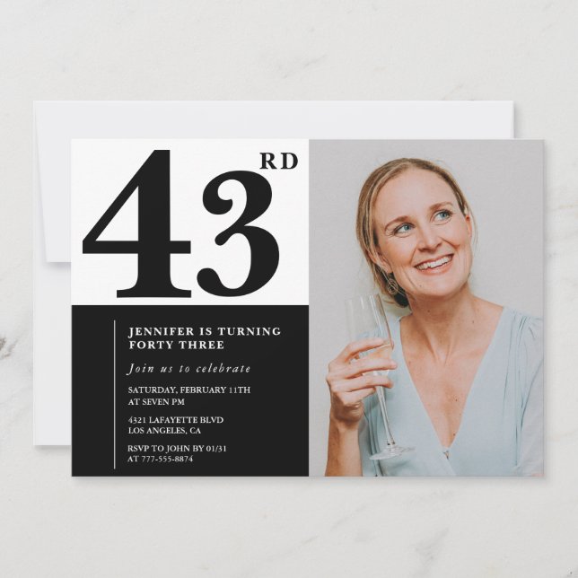 Convites de Aniversário de 43 Anos Foto Preto e Br (Frente)