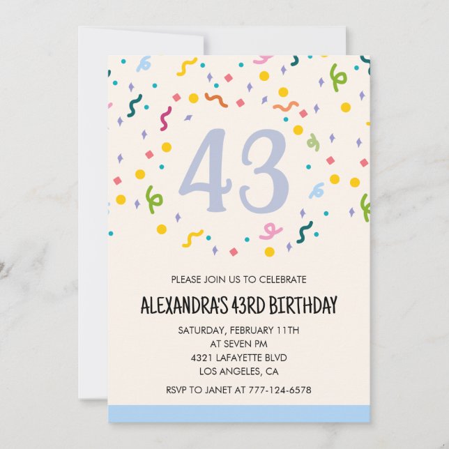 Convites de aniversário de 43 anos simples Confett (Frente)