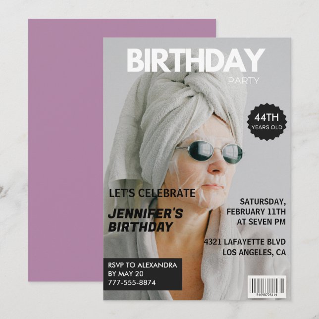 Convites de aniversário de 44 anos com foto elegan (Frente/Verso)