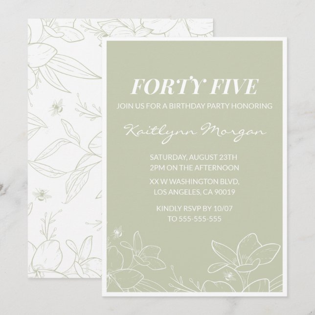 convites de aniversário de 45 anos Floral Moderno  (Frente/Verso)