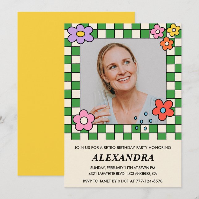 convites de aniversário de 45 anos Flores Retro Gr (Frente/Verso)