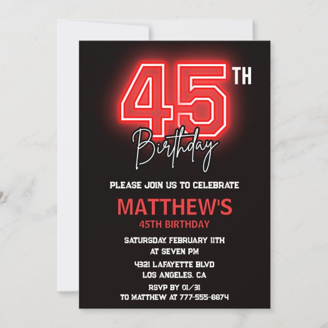 Convites de aniversário de 45 anos preto Neon para (Frente)