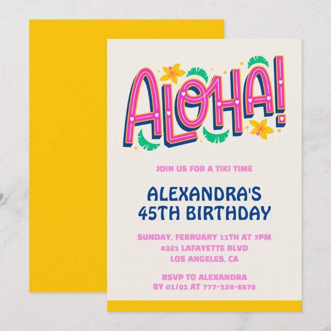 convites de aniversário de 45 anos Tropical Aloha  (Frente/Verso)