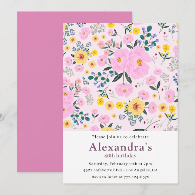 convites de aniversário de 46 anos Boho Floral Ros (Frente/Verso)