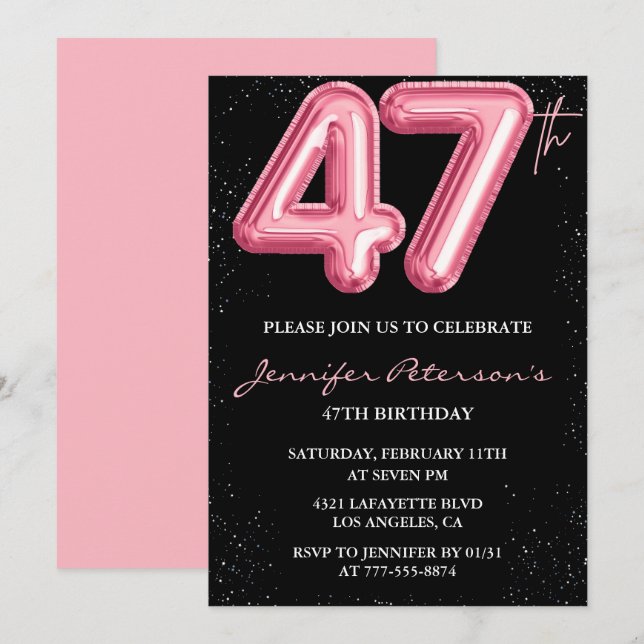 convites de aniversário de 47 anos Black Pink Balã (Frente/Verso)