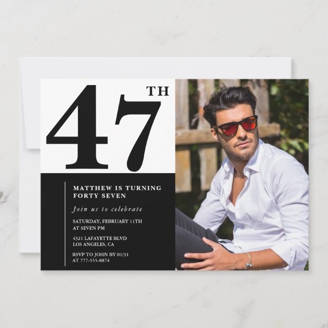 Convites de Aniversário de 47 Anos Preto e Branco  (Frente)