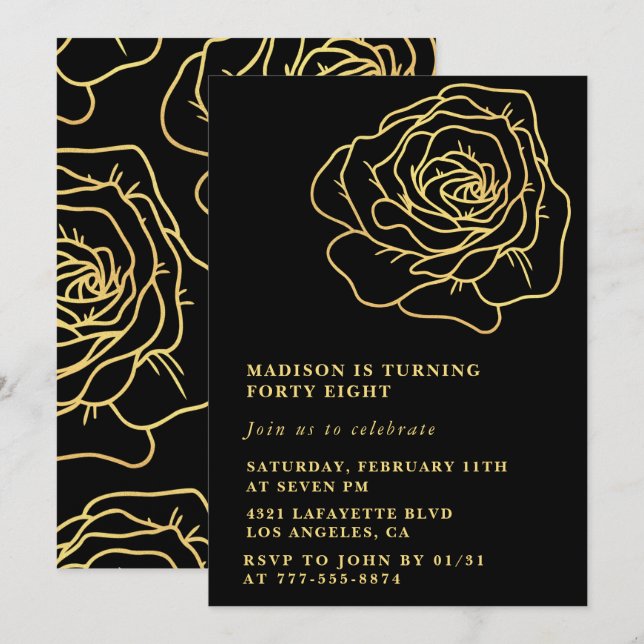 Convites de aniversário de 48 anos Black Gold Flor (Frente/Verso)