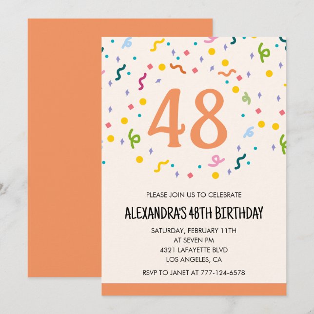 Convites de aniversário de 48 anos Simple Confetti (Frente/Verso)